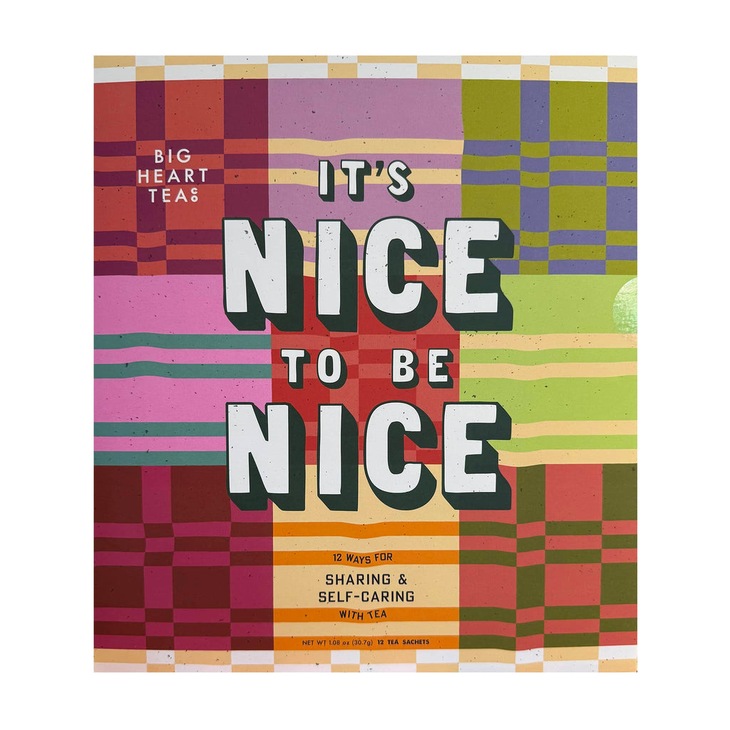 'It's Nice to Be Nice' sampler gift box from Big Heart Teas with a patterned cover.