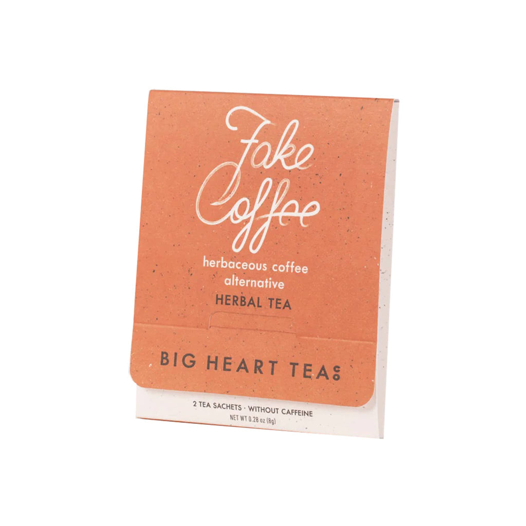 Big Heart Tea Co. 'Fake Coffee' herbal tea package on a white background.