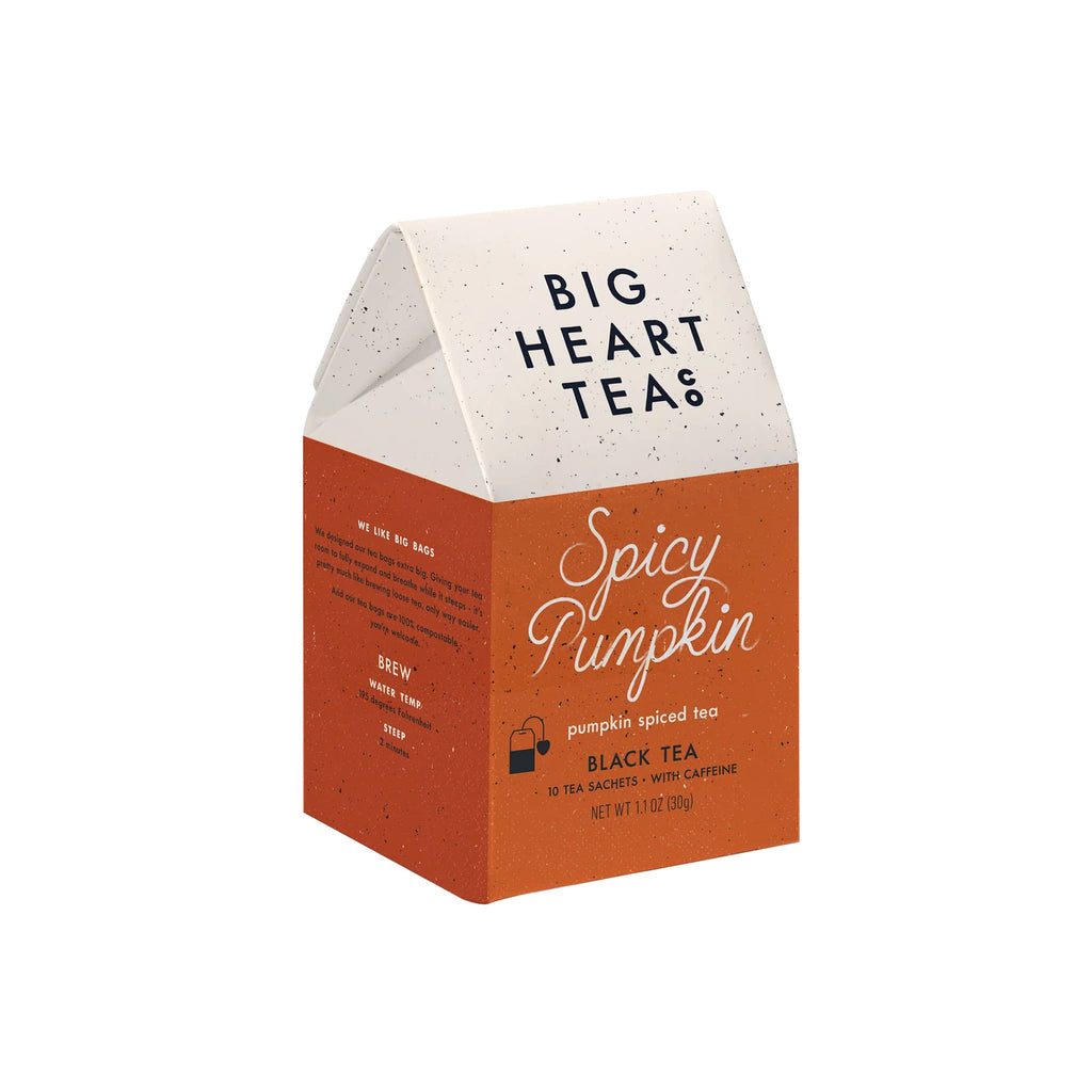 Big Heart Tea Co. Spicy Pumpkin Black Tea, pack of 10 tea sachets in box packaging, front and side view.