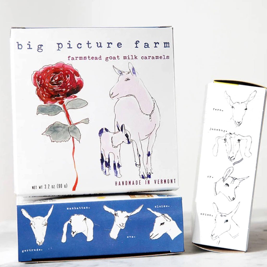 Big Picture Farm Farmstead Goat Milk Caramels in mom and kid box packaging, front, top and side view.