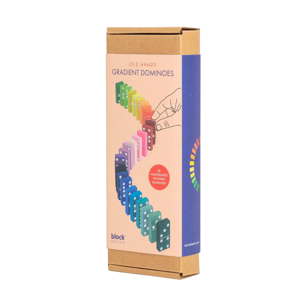 Gradient dominoes packaging with colorful dominoes illustration on a white background.