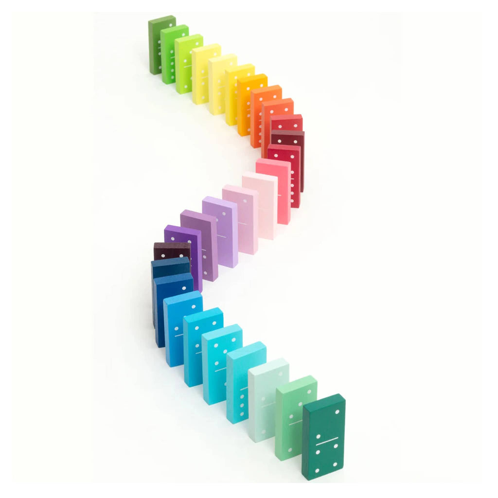Colorful dominoes set arranged in a zigzag pattern on a white background.