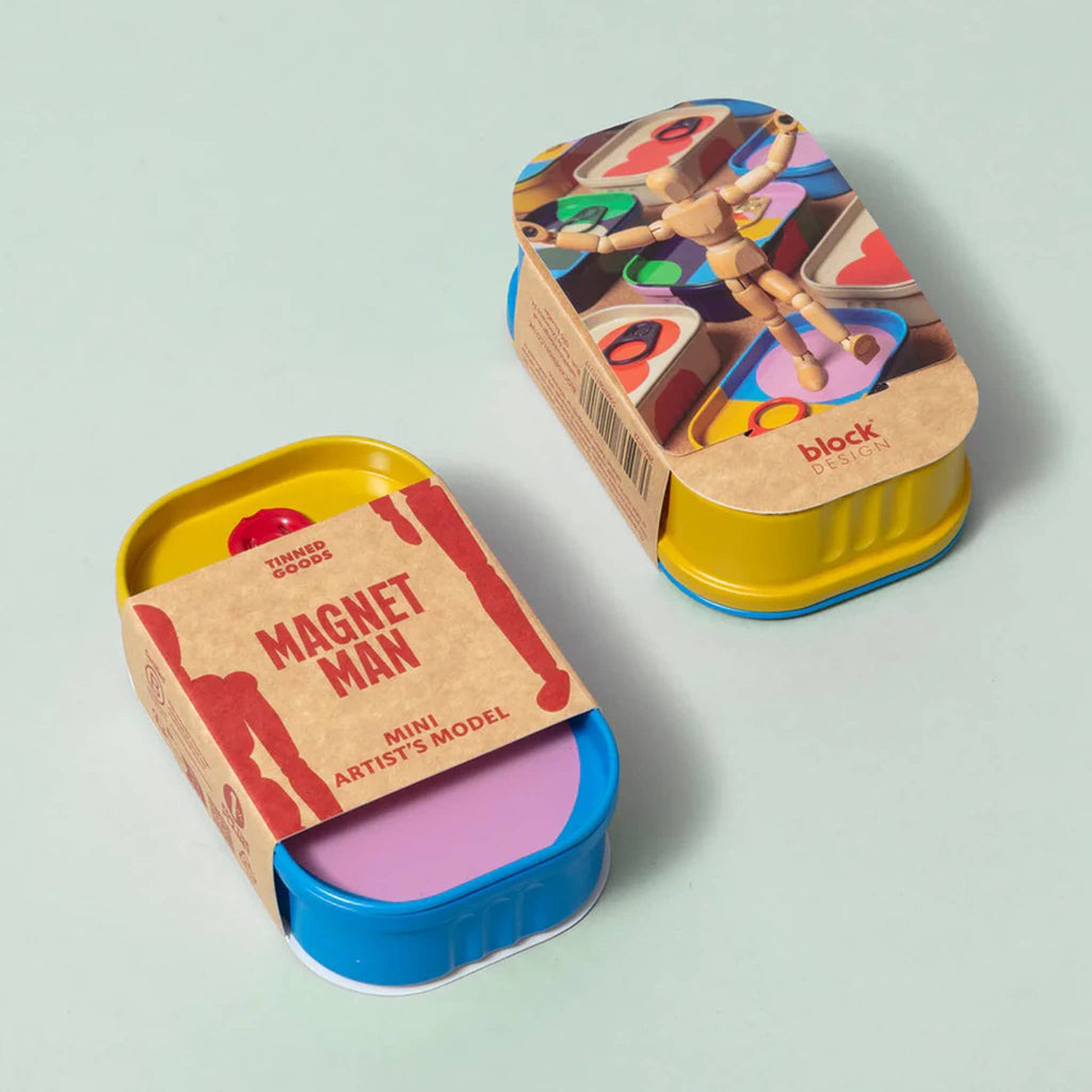 Mini wood artists model in colorful tin packaging, top and bottom are shown on a pale green background.