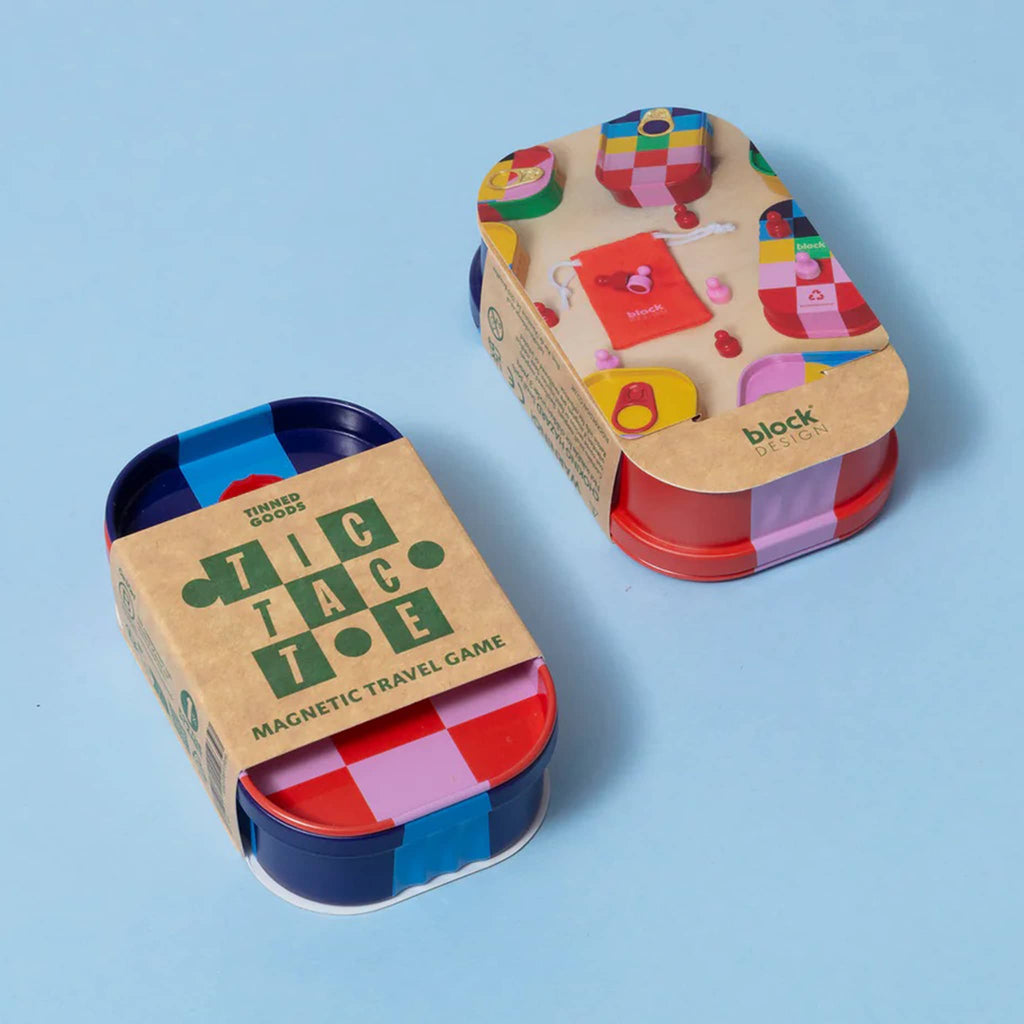Tic Tac Toe magnetic travel game in a colorful tin with belly band packaging, top and bottom shown, on a blue background.