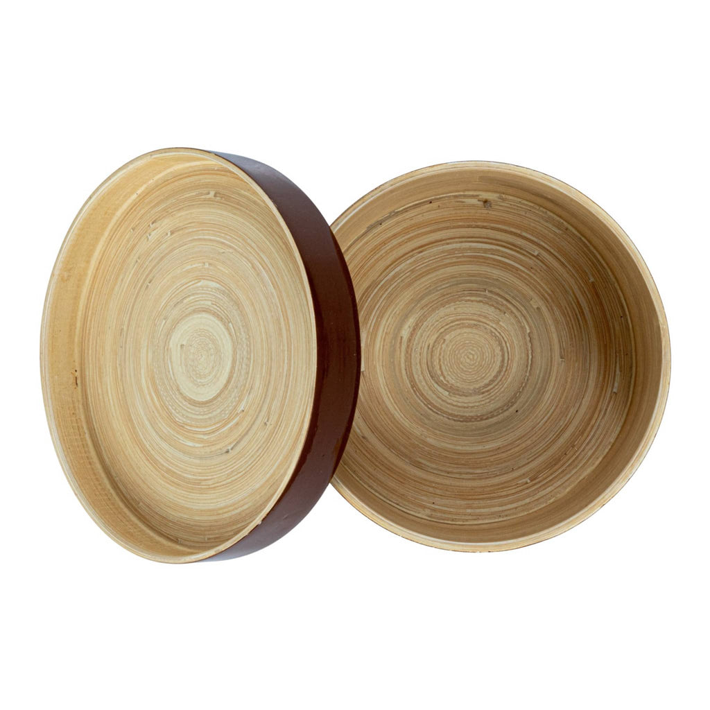 Round caramel brown lacquered container with lid open to show interior, on a white background.
