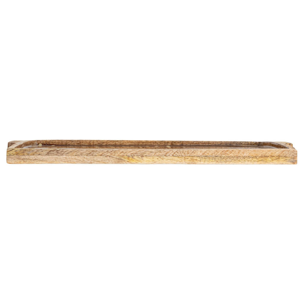 Decorative enameled wood serving tray side view on a white background.