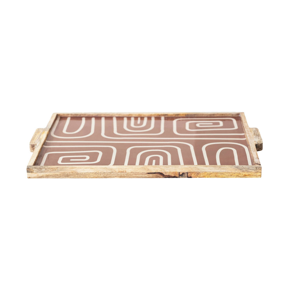 Decorative enameled wood serving tray with brown and beige abstract pattern, side view on a white background.