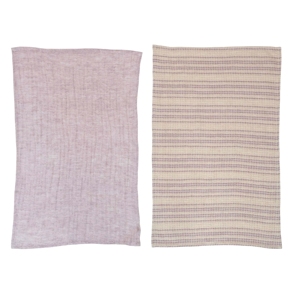 Bloomingville Woven Cotton Tea Towels in solid lilac and lilac and natural stripes.