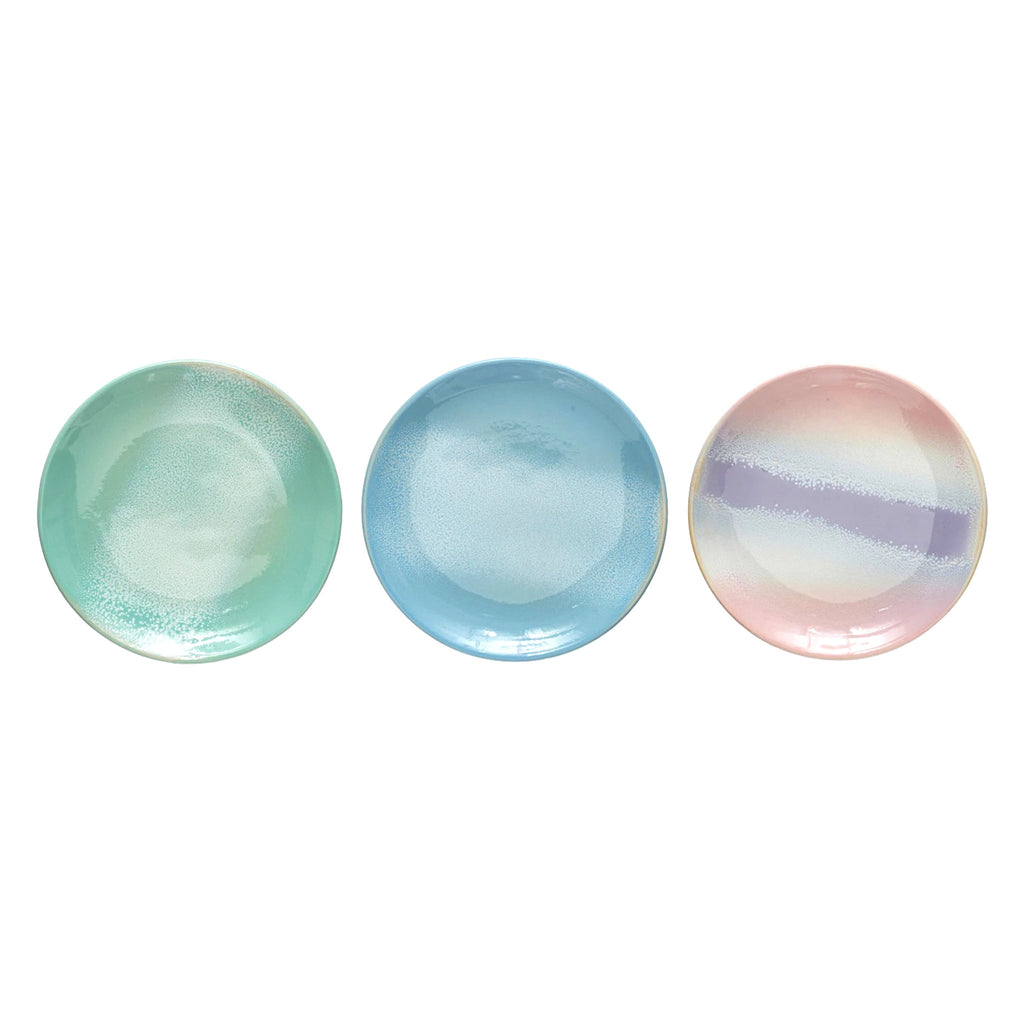 Bloomingville Round Stoneware Plates with pastel reactive glaze in (left to right): green, blue and pink.