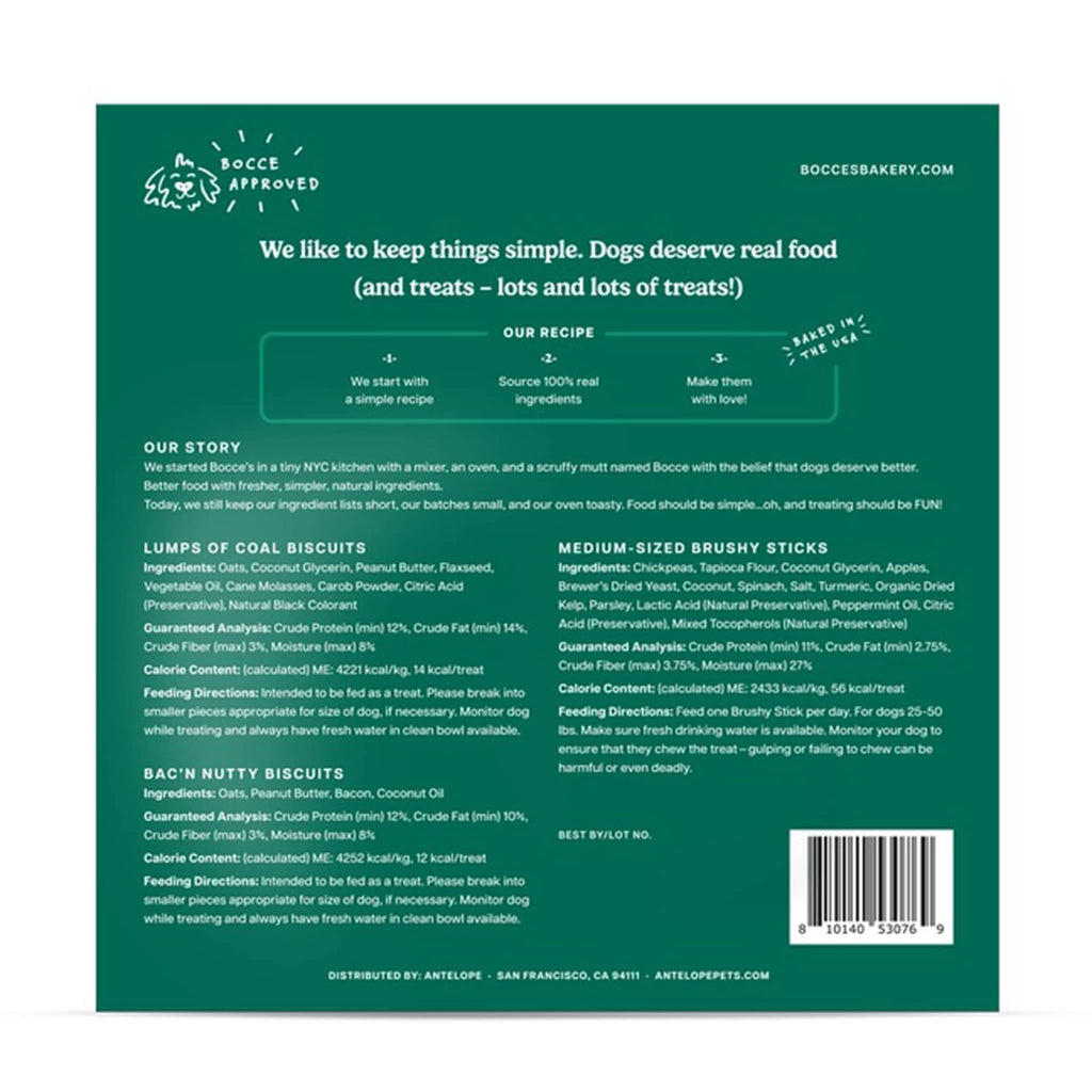 Bocce's Bakery 2025 dog treat advent calendar, back of packaging.