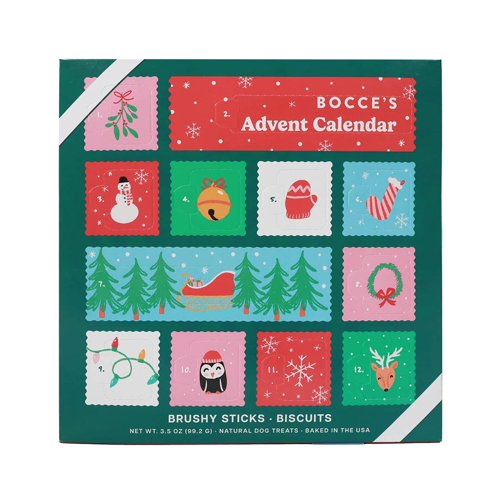 Bocce's Bakery 2025 dog treat advent calendar, front of packaging.