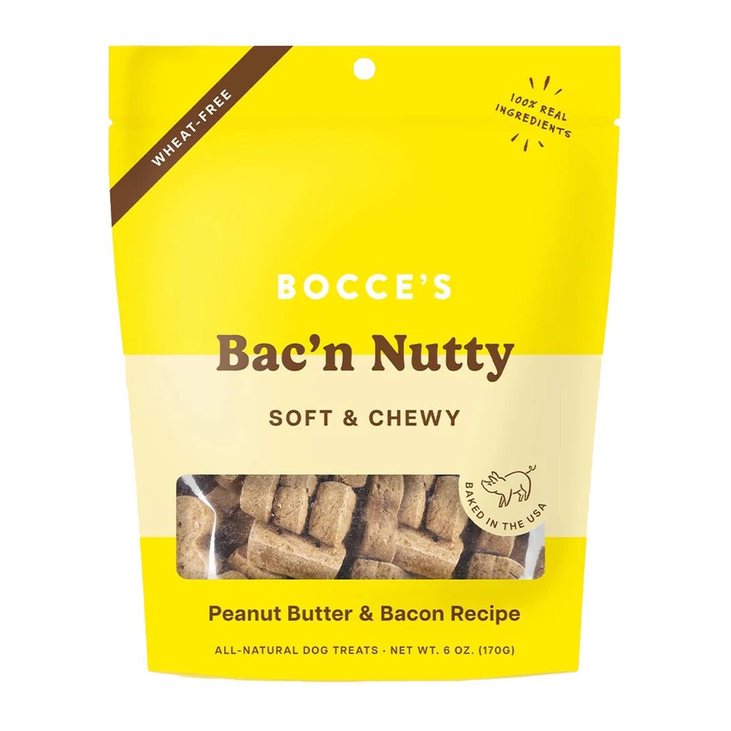 bocce's bakery bac'n nutty peanut butter and bacon soft and chewy all natural dog treats in packaging front