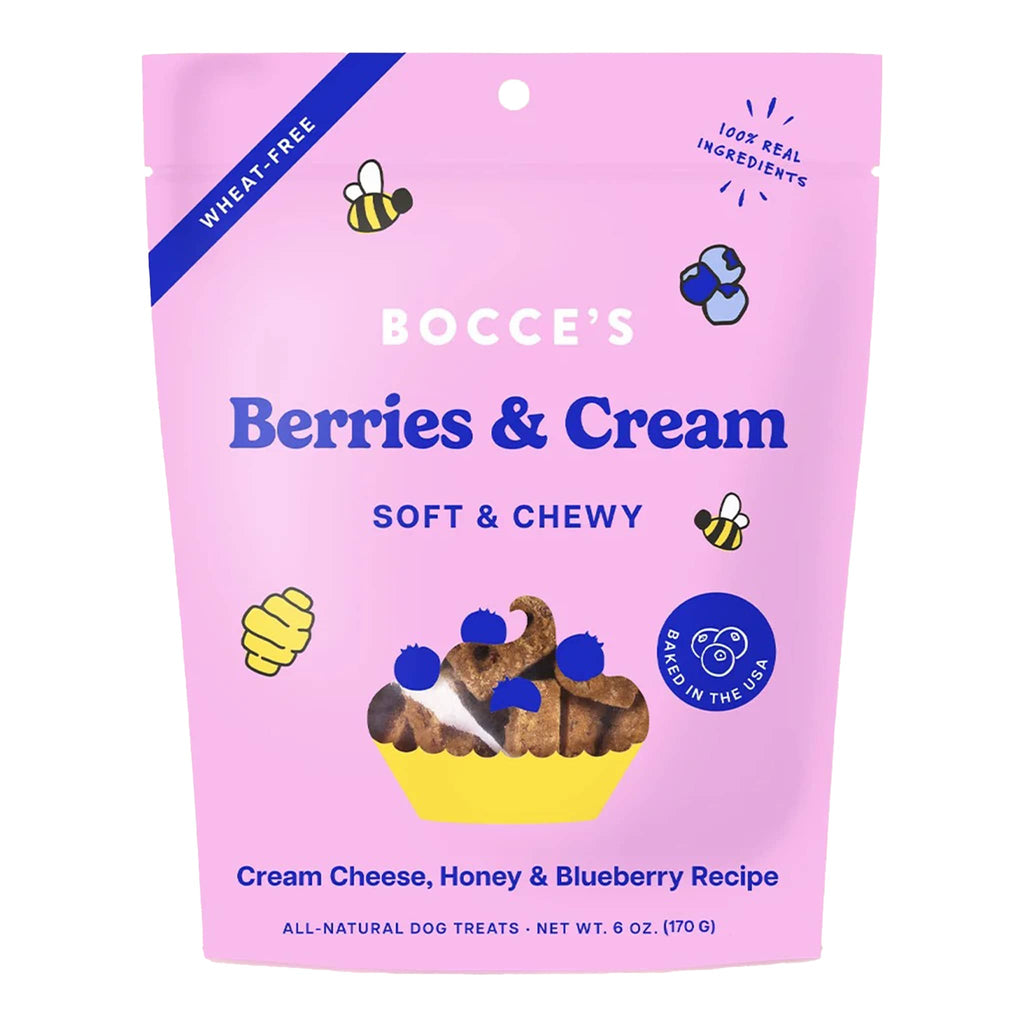 Bocce's Berries & Cream soft and chewy dog treats, in pink package on a white background.