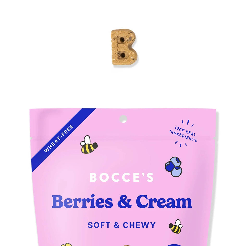 Pink package of Bocce's Berries & Cream soft and chewy treats with a 'B' shaped treat on a white background.