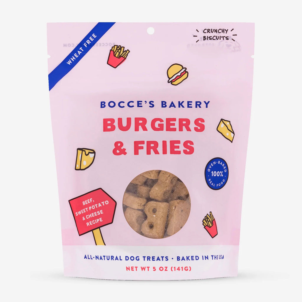 Bocce's Bakery Burgers and Fries all-natural crunchy dog biscuit treats in pink pouch packaging, front view.