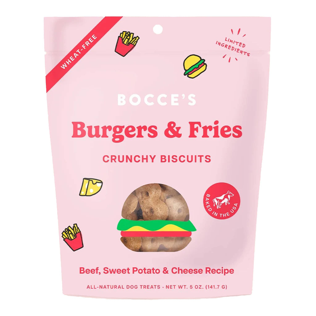 Bocce's Bakery Burgers & Fries Crunchy Dog Biscuit Treats in pink pouch packaging, front view.