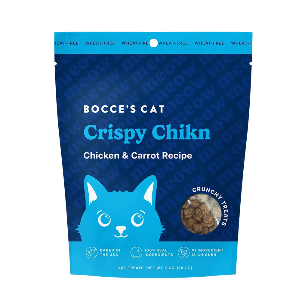 Bocce's Bakery Crispy Chikn Crunchy Cat Treats in pouch packaging, front view.