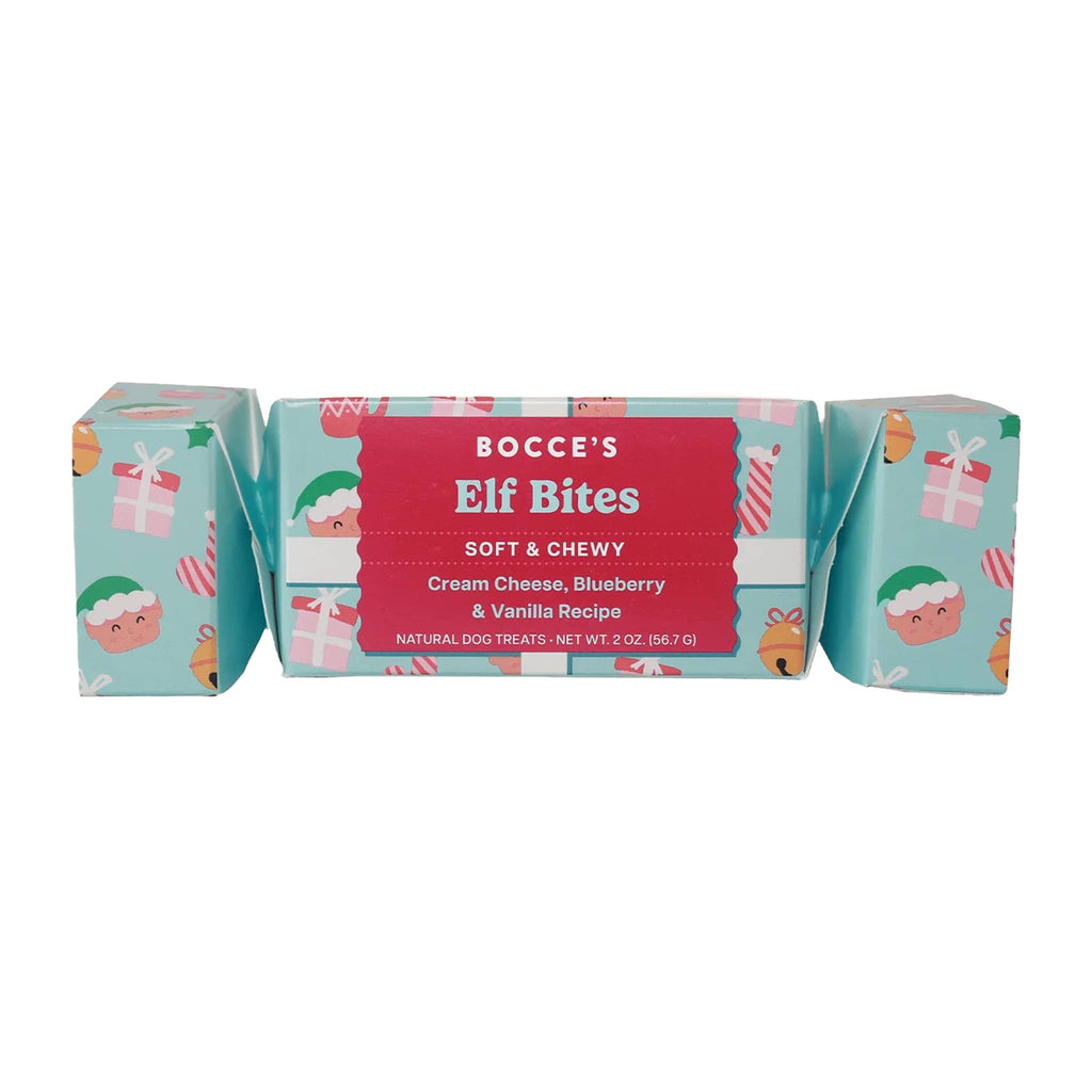 Bocce's Bakery Elf Bites Soft and Chewy all natural dog treats in holiday cracker packaging, front view.