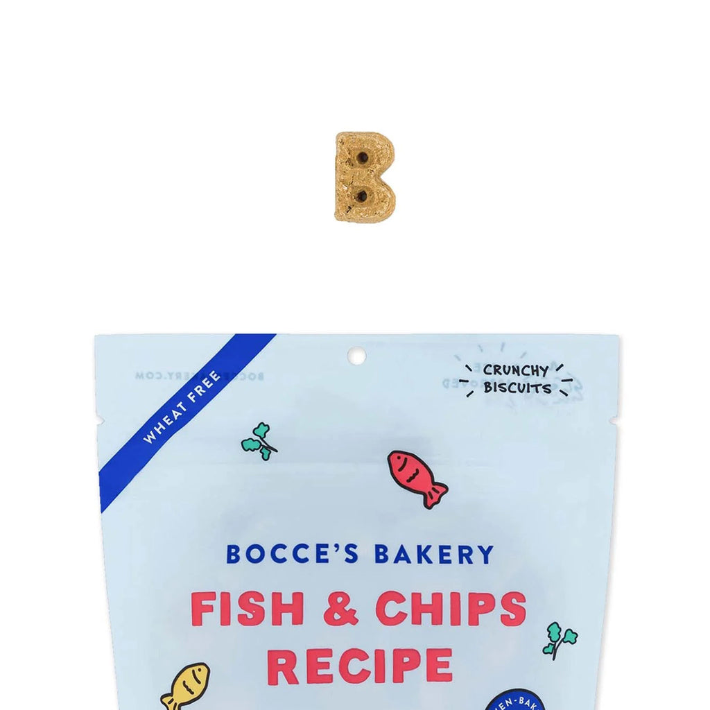 Bocce's Bakery Fish & Chips Recipe Crunchy All Natural Dog Biscuit Treats in packaging, front view with a b-shaped biscuit to show texture.