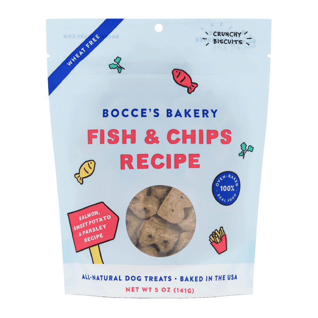 Bocce's Bakery Fish & Chips Recipe Crunchy All Natural Dog Biscuit Treats in packaging, front view.