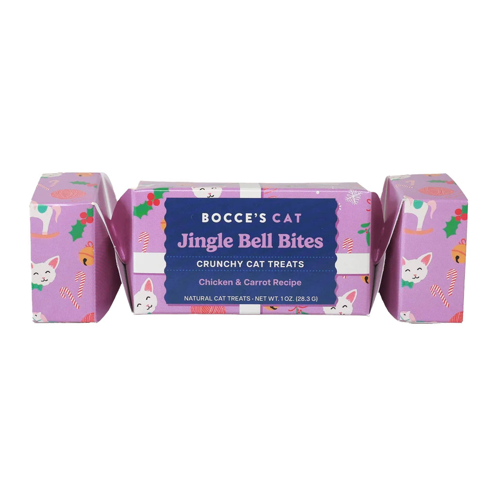 Bocce's Bakery Jingle Bell Bites all natural crunchy cat treats in holiday cracker packaging, front view.