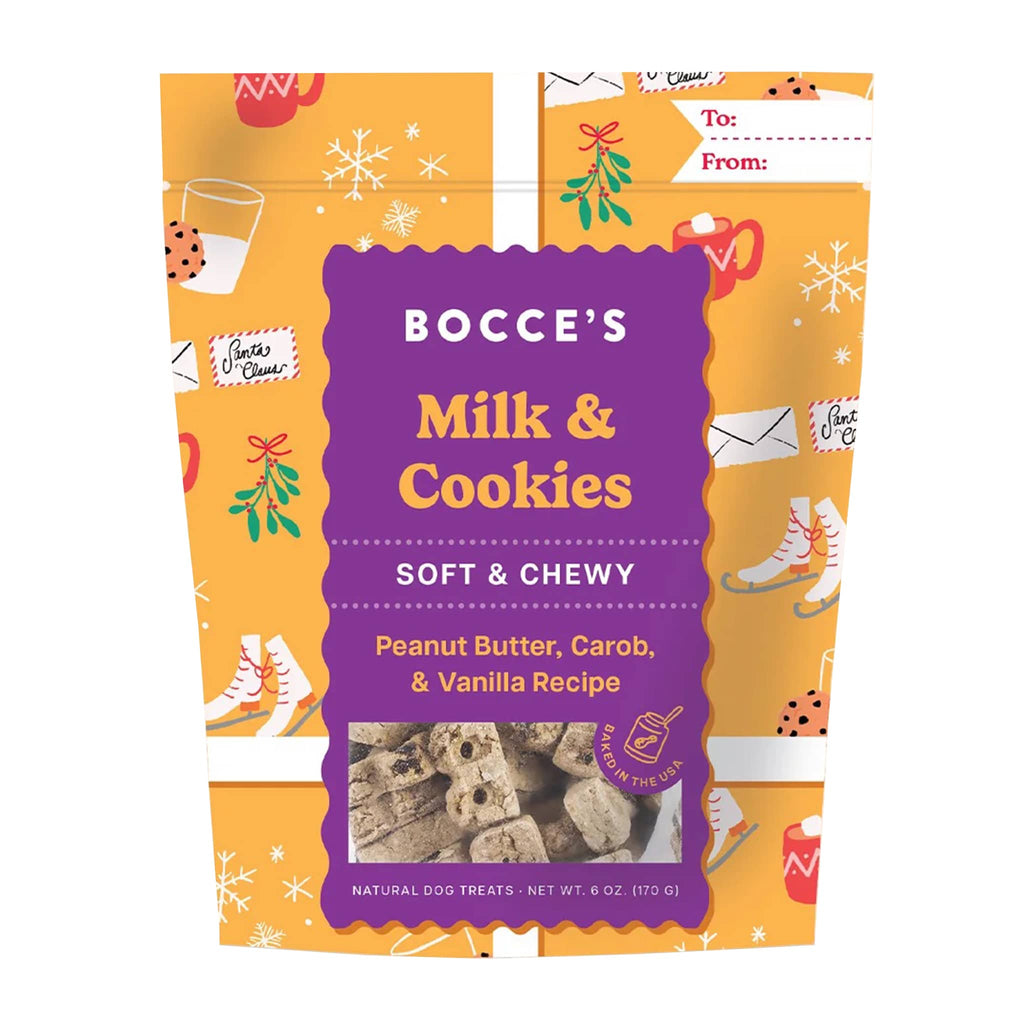 Bocce's Bakery Milk and Cookies Soft and Chewy all natural dog treats in holiday pouch packaging, front view.