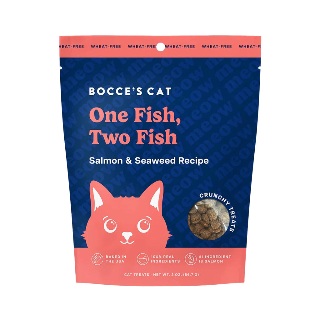 Bocce's Bakery One Fish, Two Fish Crunchy Cat Treats in pouch packaging, front view.