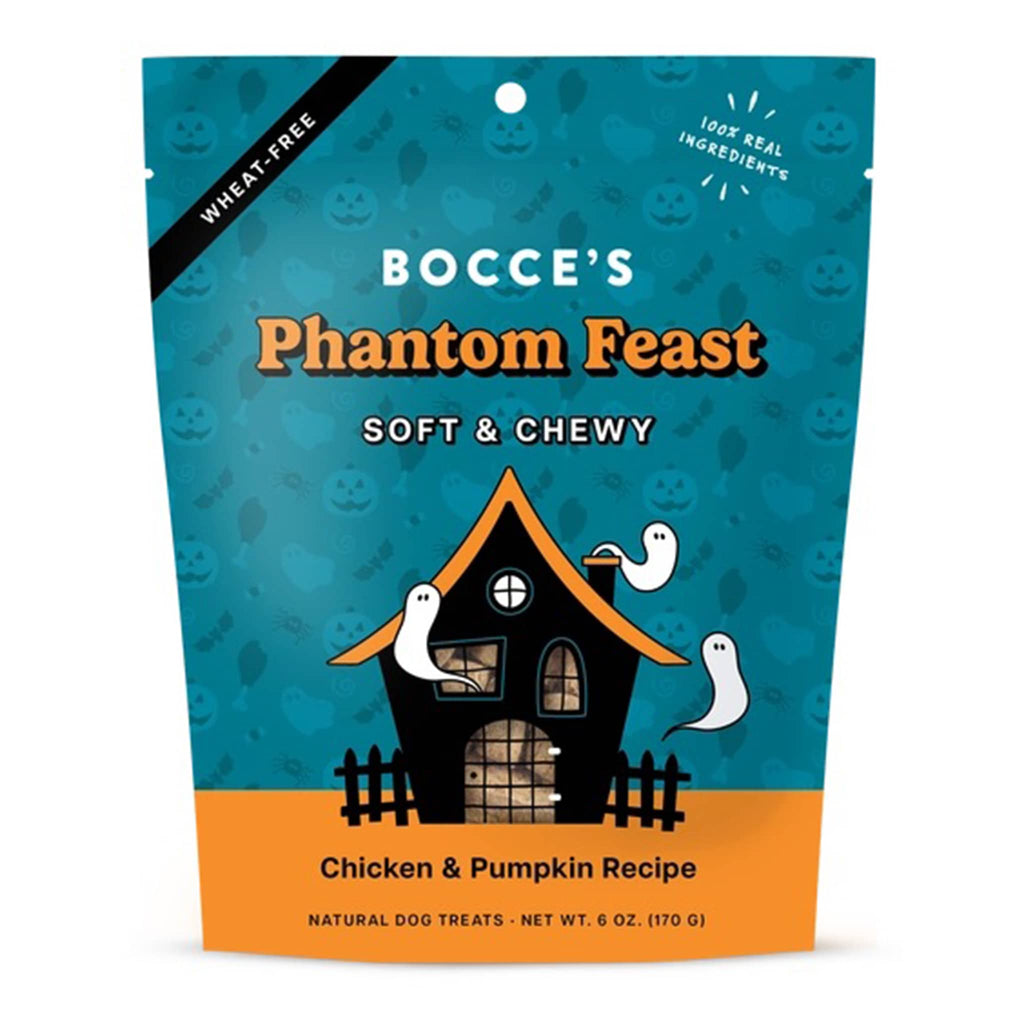 Bocce's Phantom Feast soft and chewy dog treats package with Halloween design, on white background.