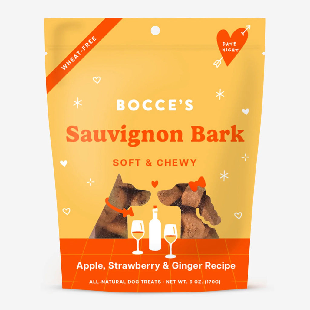 Bocce's Bakery Sauvignon Bark soft & chewy all natural dog treats in yellow and red pouch packaging, front view.