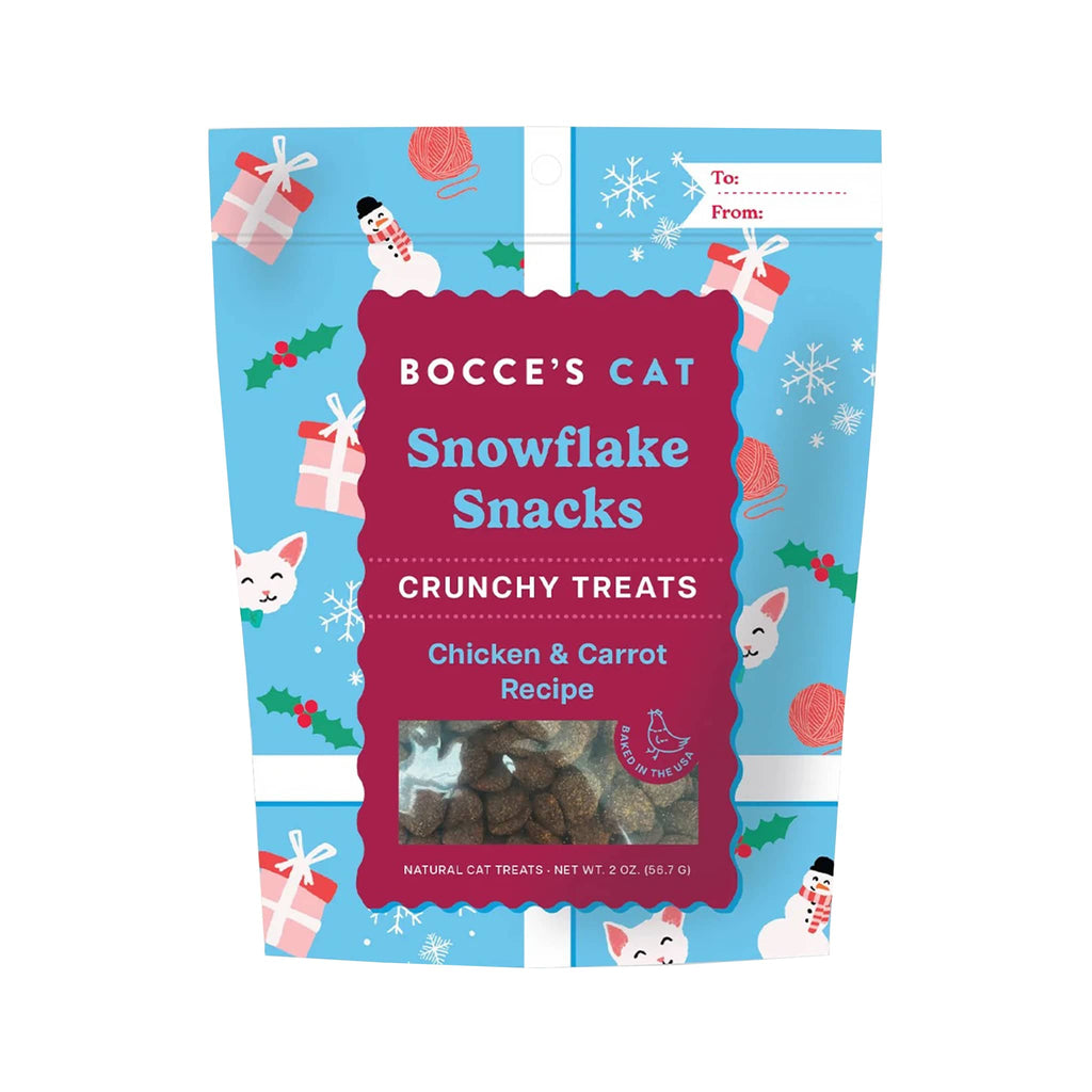 Bocce's Bakery Snowflake Snacks all natural crunchy cat treats in holiday pouch packaging, front view.