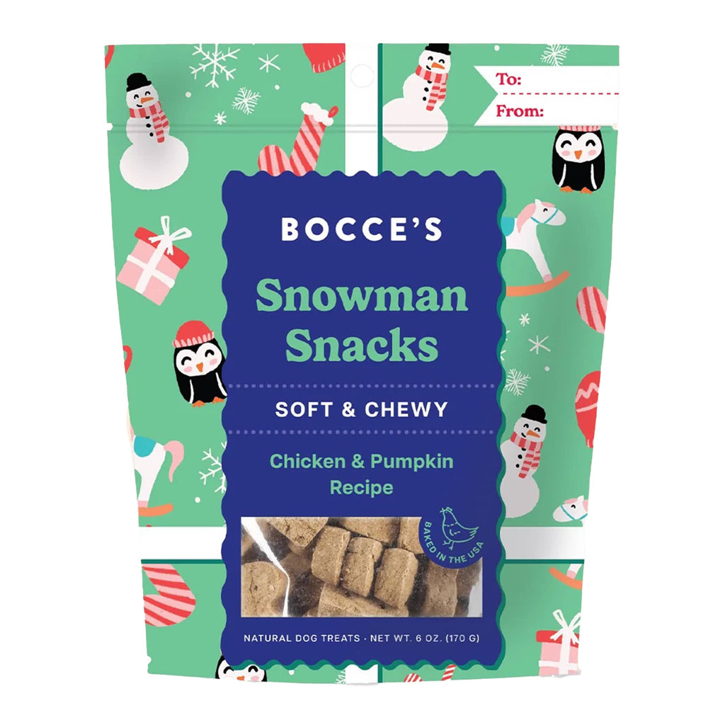 Bocce's Bakery Snowman Snacks Soft and Chewy all natural dog treats in holiday pouch packaging, front view.