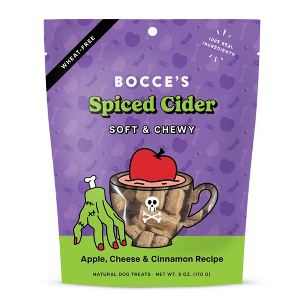 Bocce's Spiced Cider soft and chewy dog treat package on a white background.