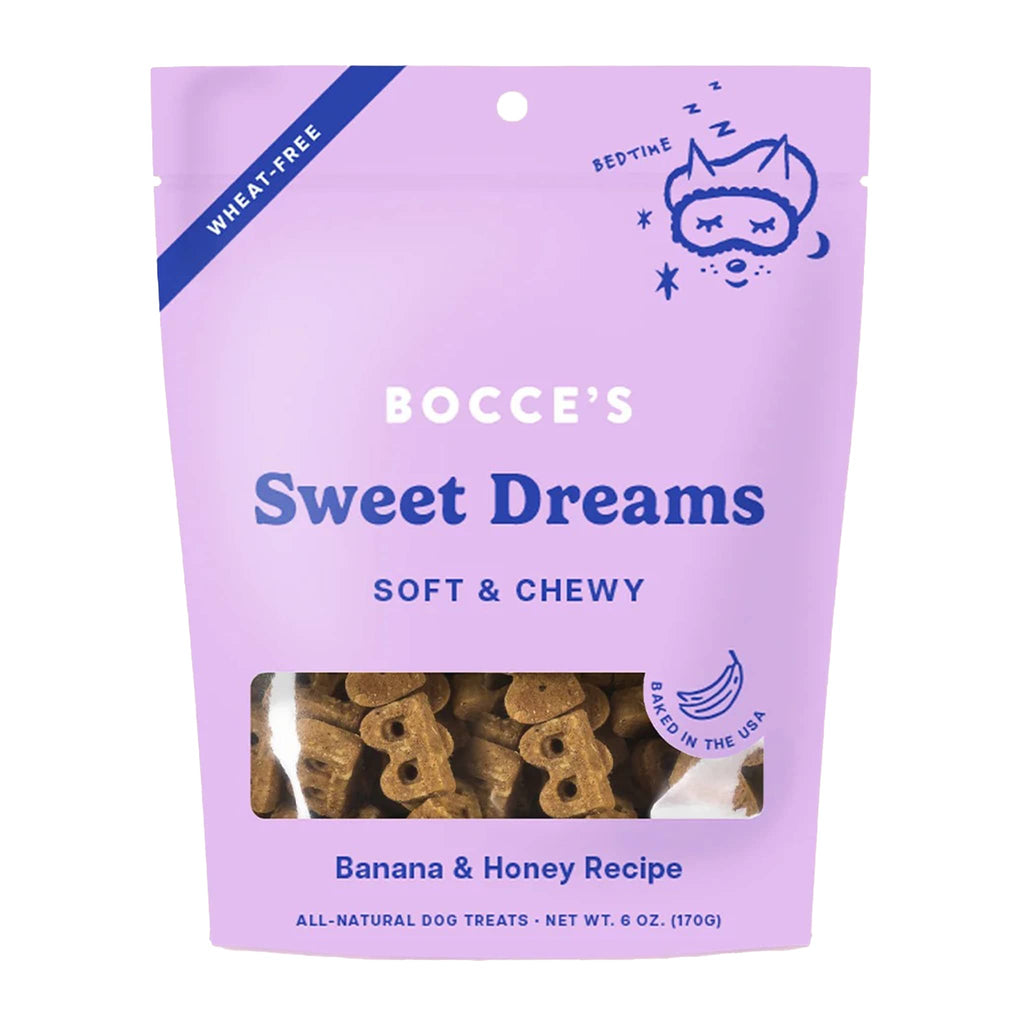 Bocce's Bakery Sweet Dreams Soft and Chewy All-Natural Dog Treats in purple pouch packaging, front view.