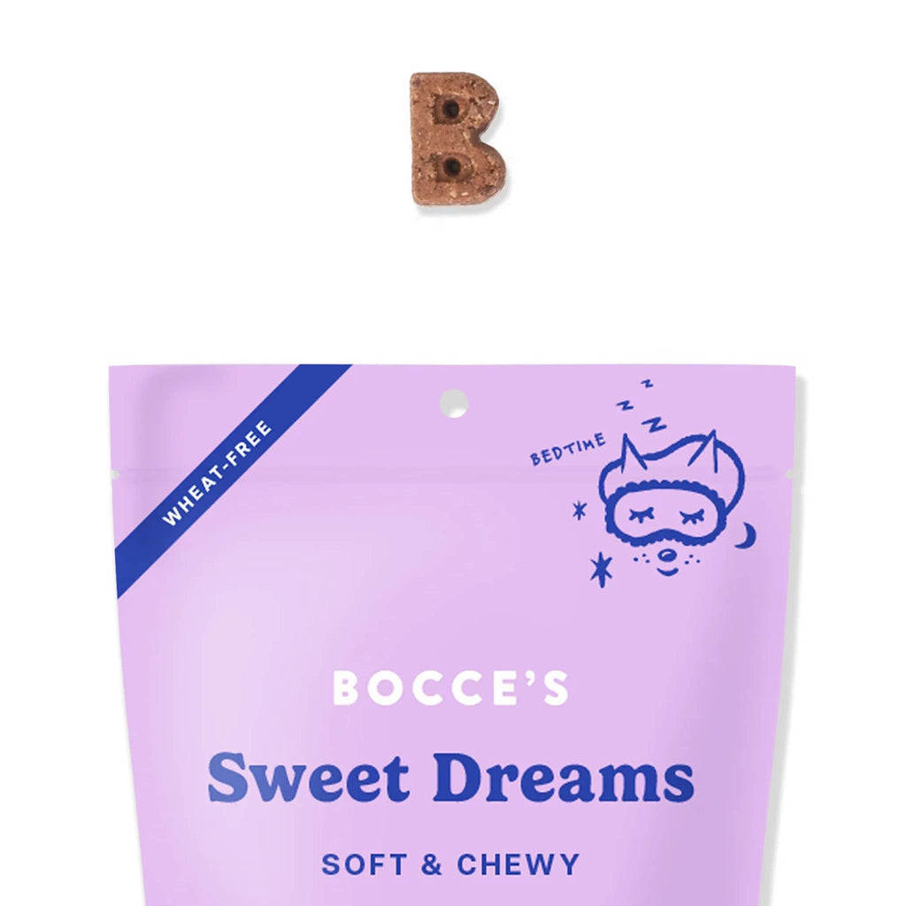 Bocce's Bakery Sweet Dreams Soft and Chewy All-Natural Dog Treats in purple pouch packaging, front view with sample dog treat in a B-shape.