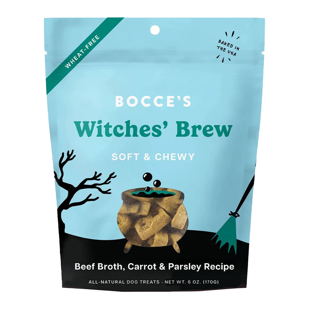 Bocce's Bakery Witches' Brew Soft & Chewy all natural dog treats in pouch packaging, front view.