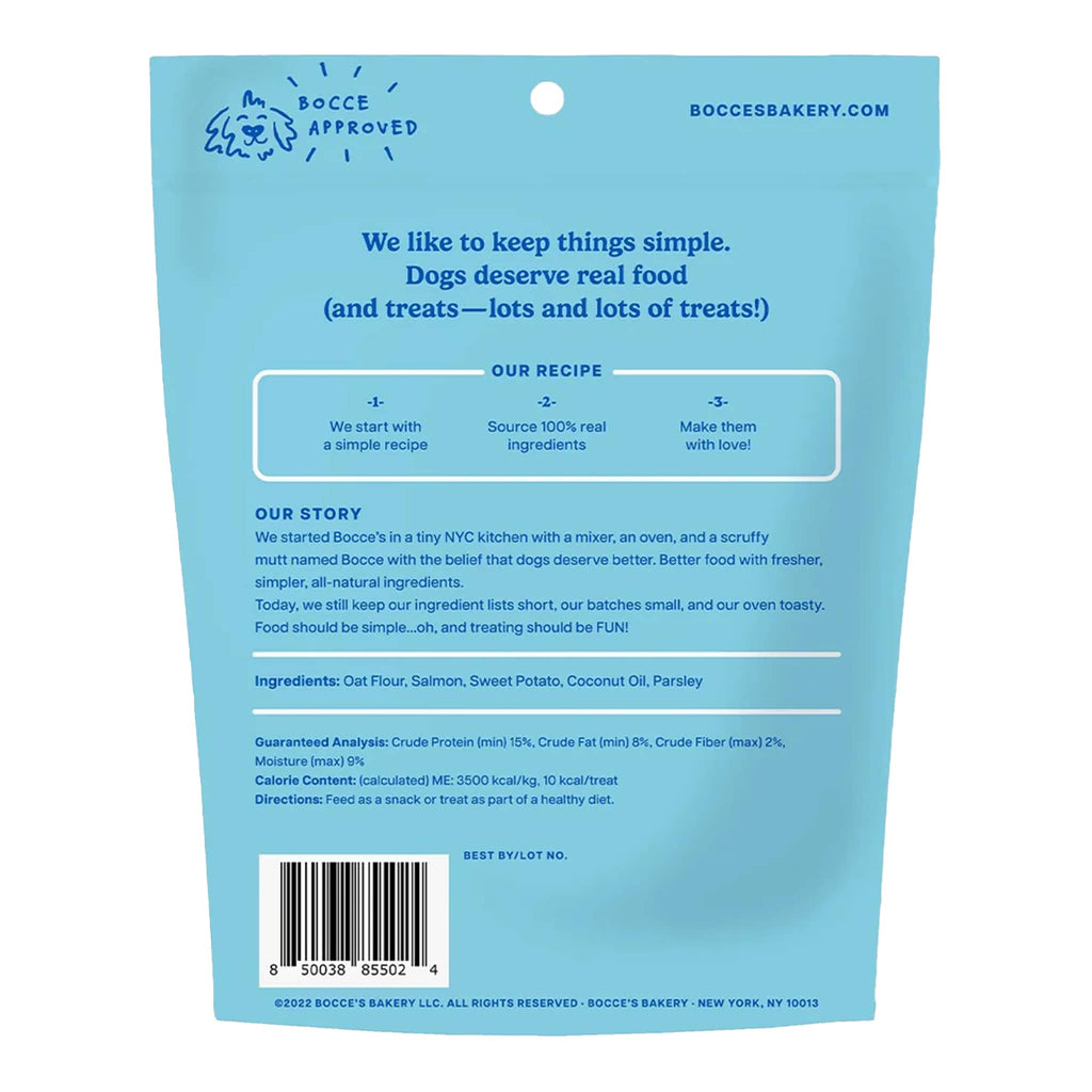 Bocce's Fish & Chips Recipe crunchy biscuits packaging, back with ingredients and nutritional info, on a white background.