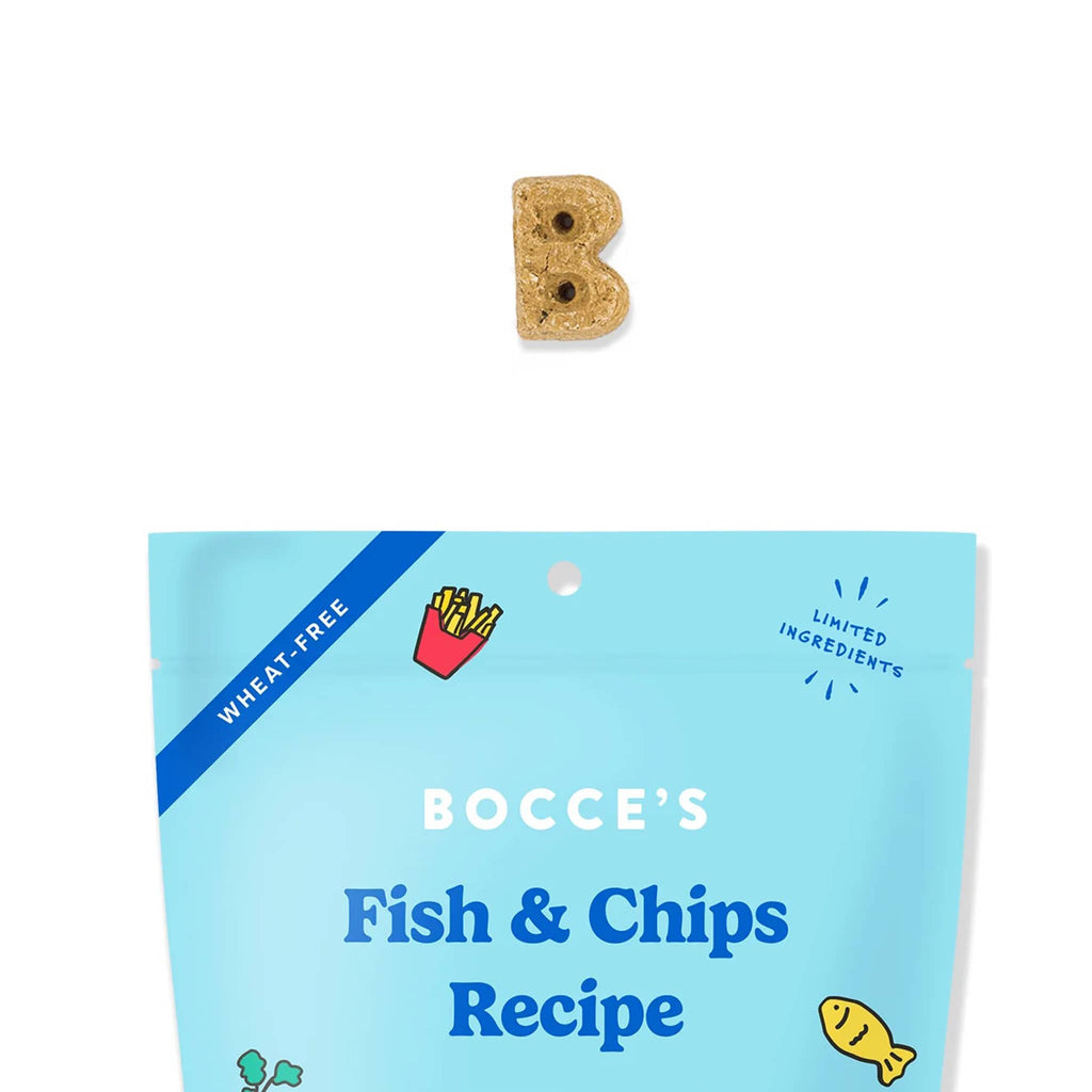Bocce's Fish & Chips Recipe dog treat package with a 'B' shaped treat on a white background.