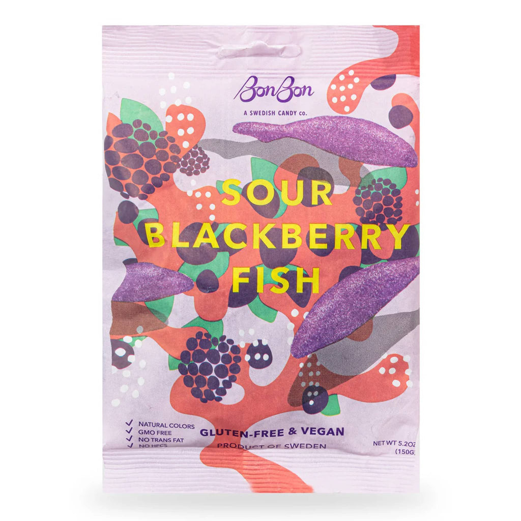 BonBon NYC Sour Blackberry Fish swedish gummy candy in purple packaging, front view.