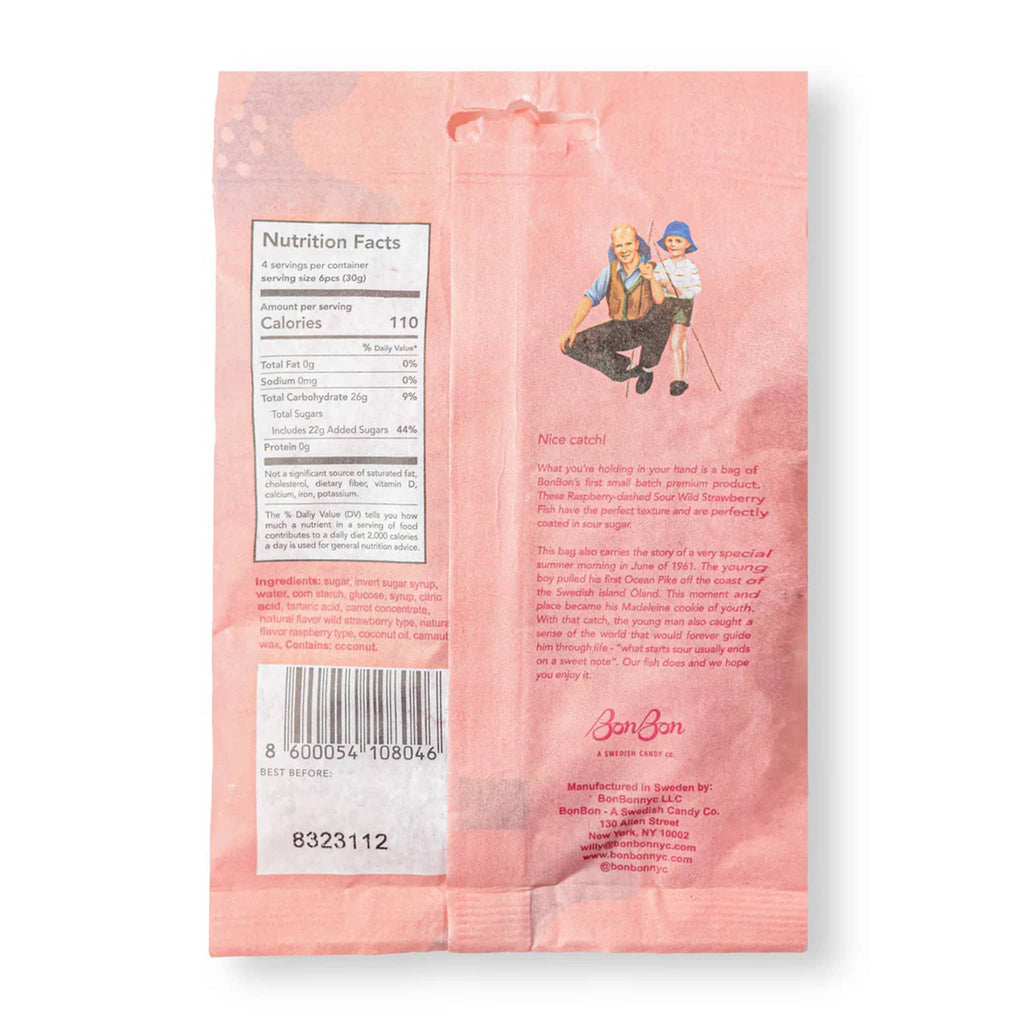 BonBon NYC Sour Wild Strawberry Fish swedish gummy candy in pink packaging, back view.