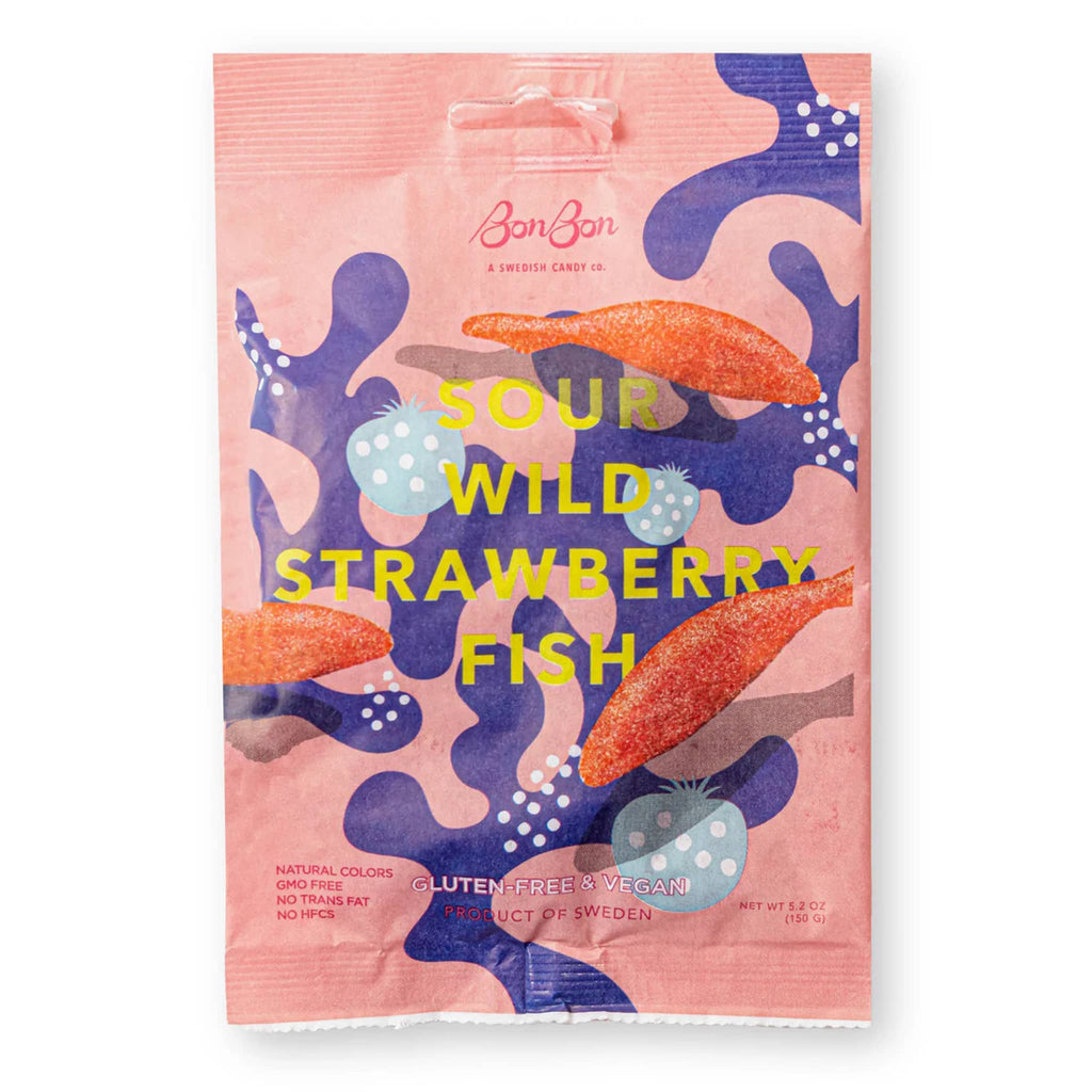 BonBon NYC Sour Wild Strawberry Fish swedish gummy candy in pink packaging, front view.