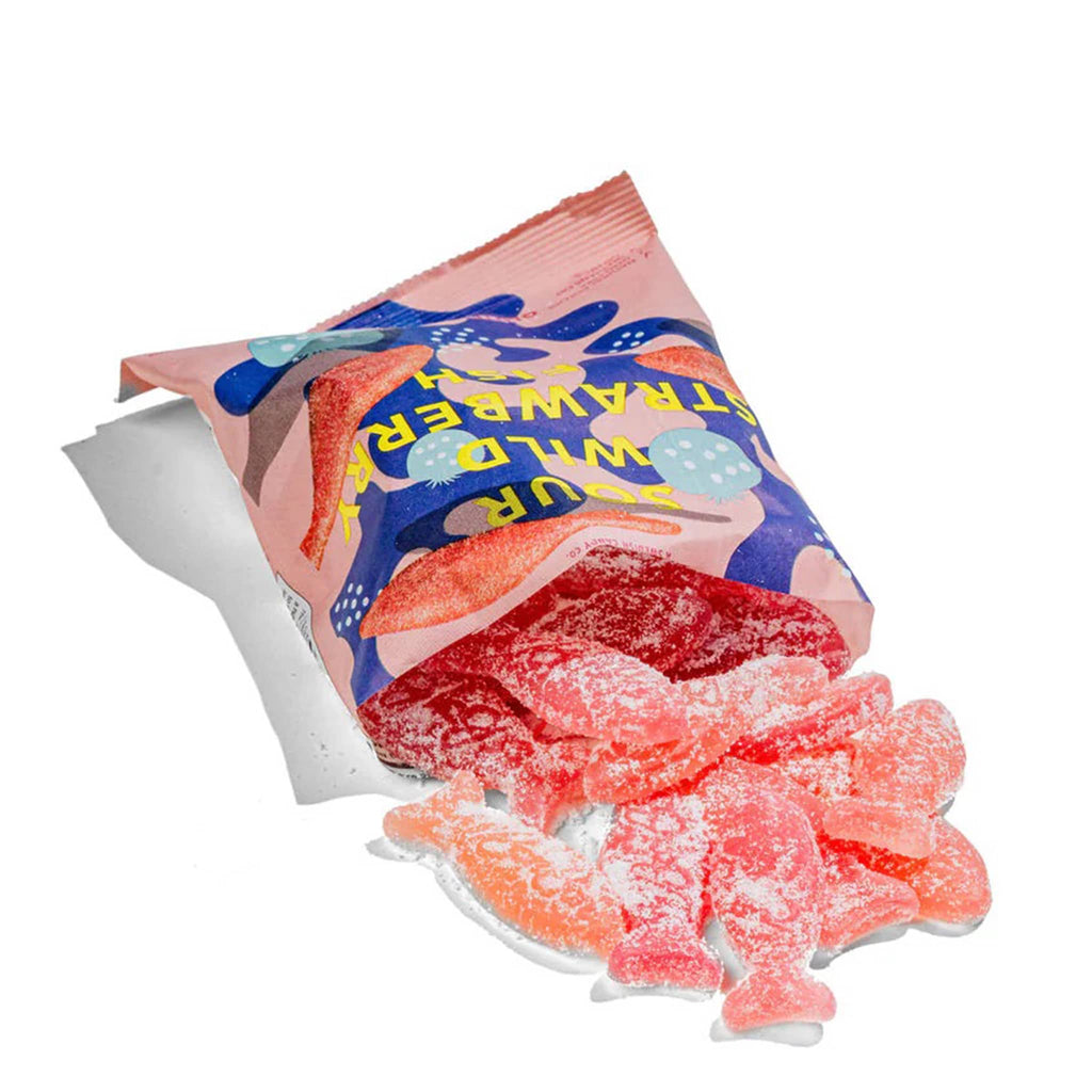 BonBon NYC Sour Wild Strawberry Fish swedish gummy candy in pink packaging, sour sugar-coated pink fish candies spilling out of open package.