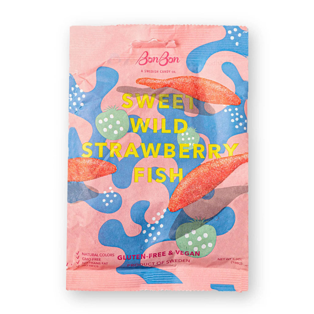 BonBon NYC Sweet Wild Strawberry Fish swedish gummy candy in pink packaging, front view.