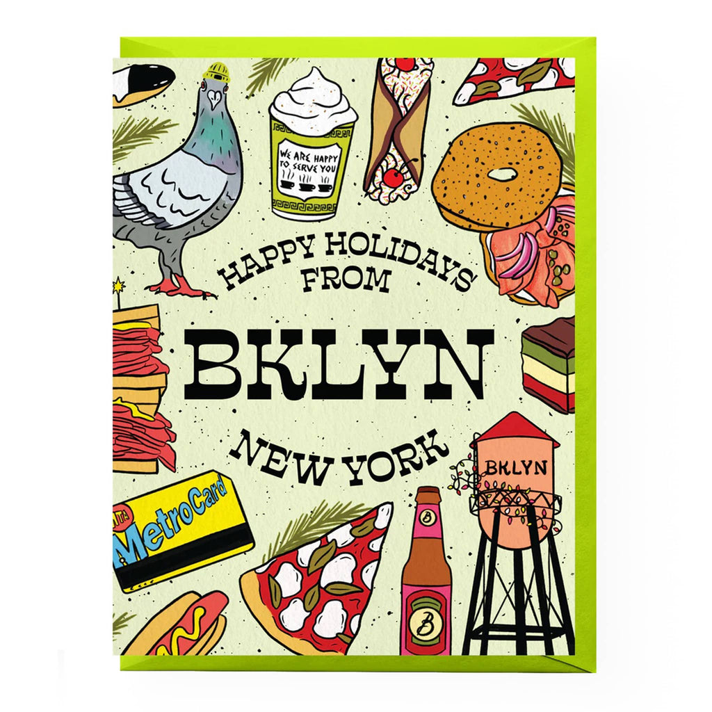 Greeting card with Brooklyn-themed illustrations and text on a white background.