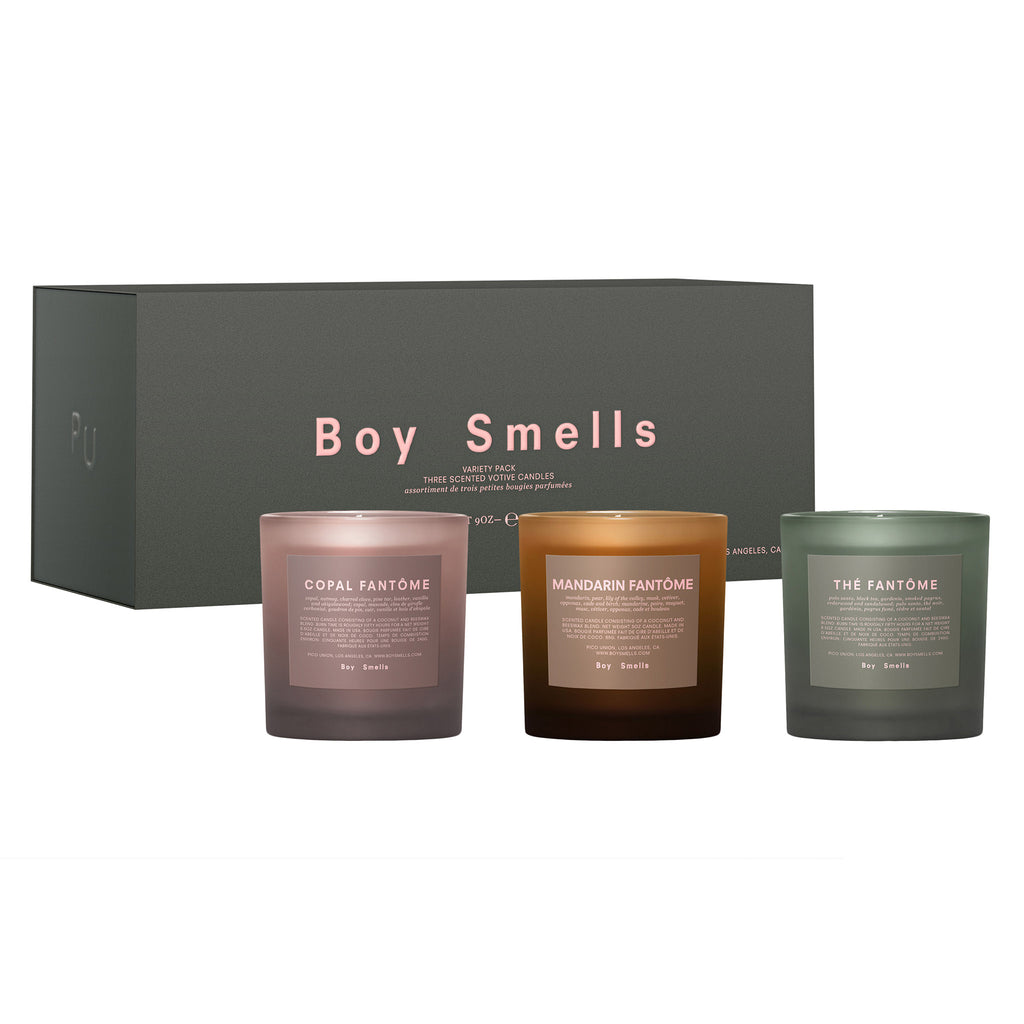 Boy Smells 2023 Fantome Collection Votive set with 3 scents (copal fantome, mandarin fantome and the fantome) in matte ombre glass vessels (dusty pink, orange and dark green) with dark green box packaging with pink embossed lettering.
