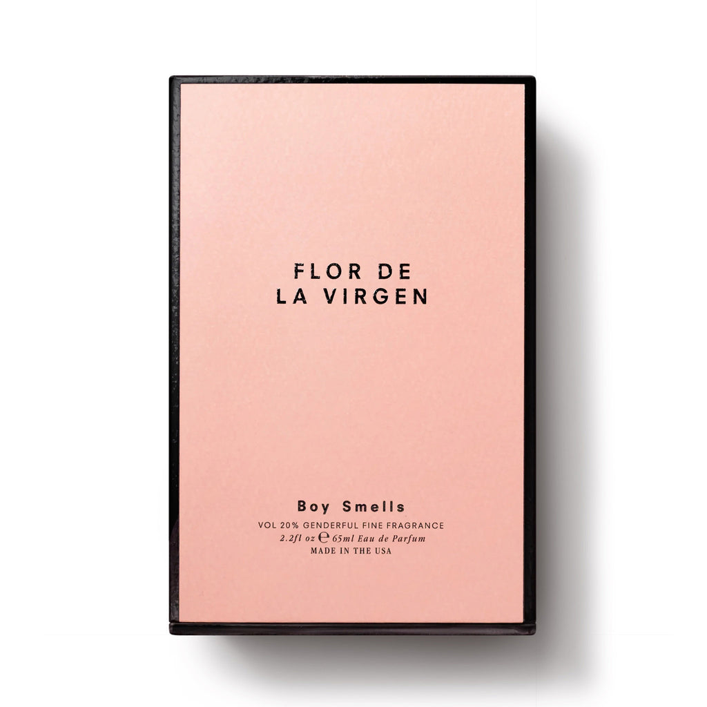 Boy Smells Flor de la Virgen Eau de Parfum in pink box packaging with black trim and text.