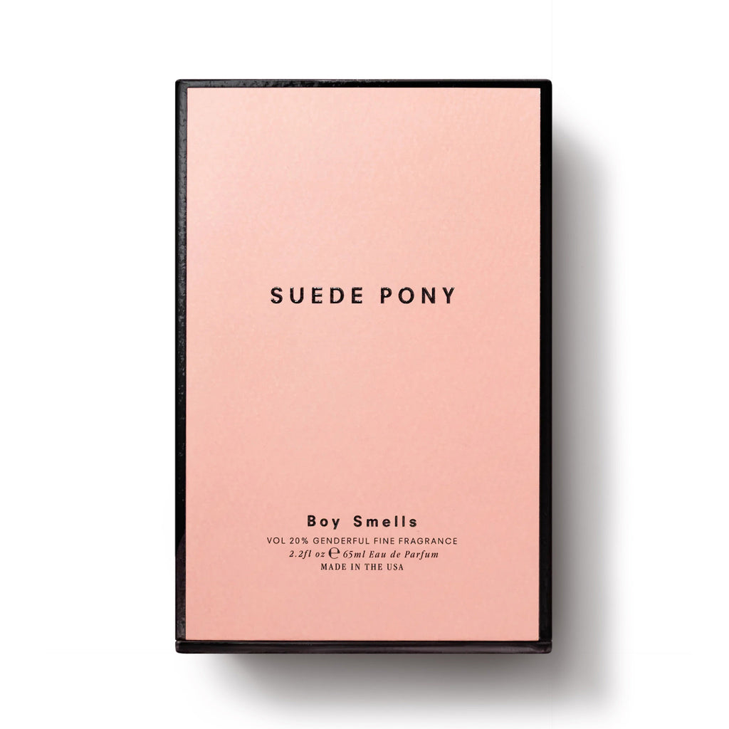 Boy Smells Suede Pony Eau de Parfum in pink box packaging with black trim and text.