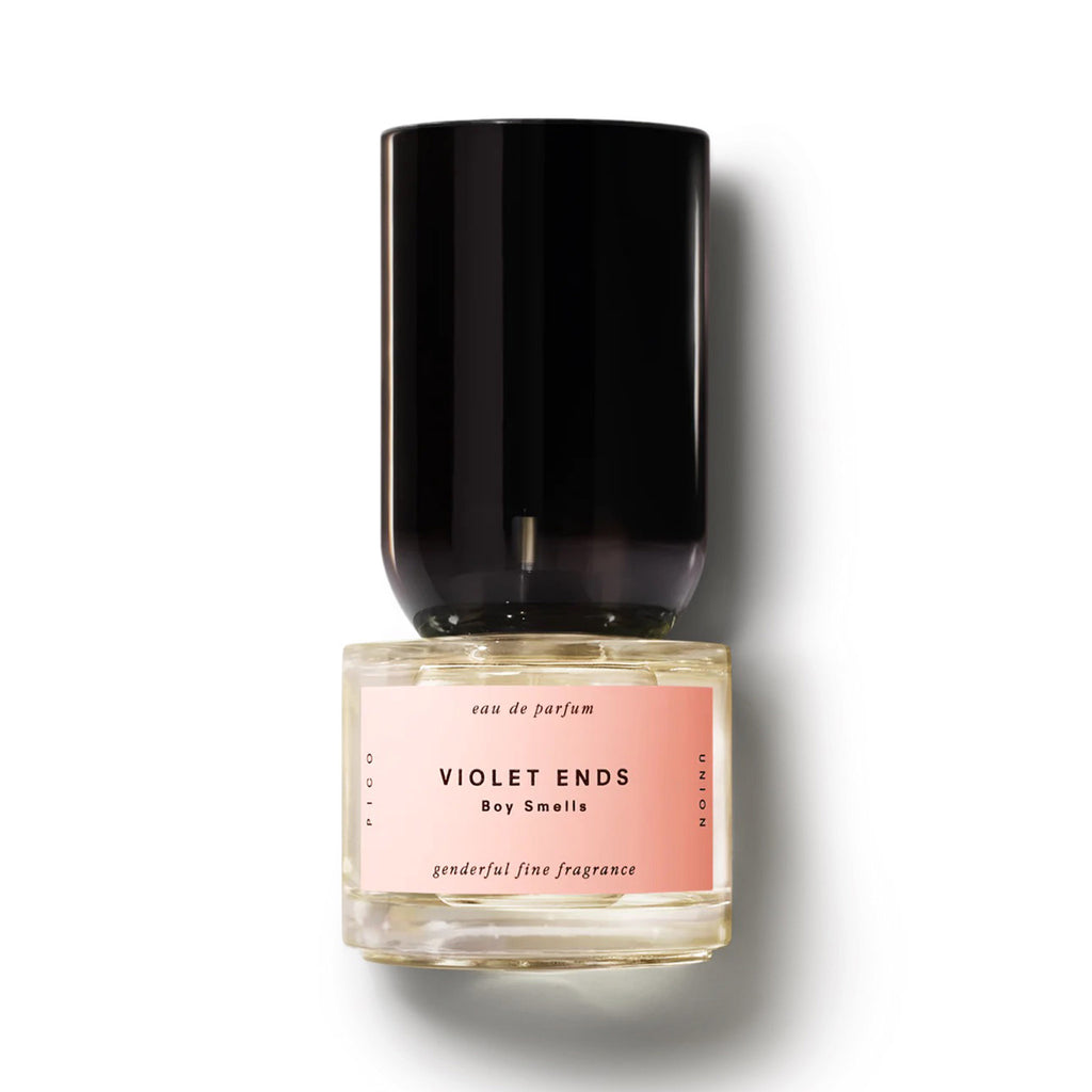 Boy Smells Violet Ends Eau de Parfum in bottle with pink label and shaped black cap.