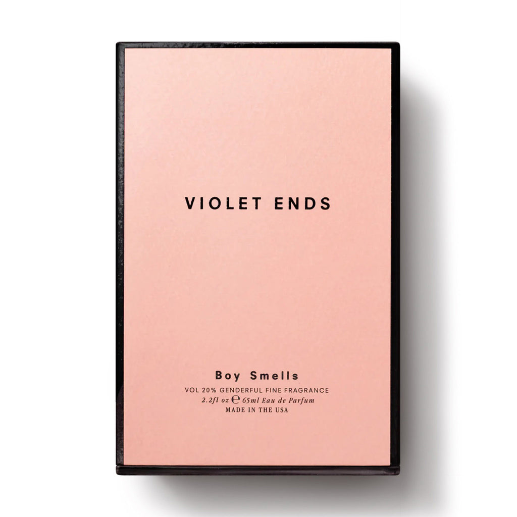 Boy Smells Violet Ends Eau de Parfum in pink box packaging with black trim.