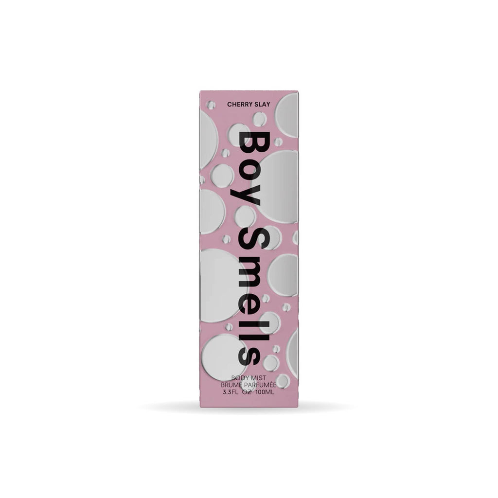Boy Smells Cherry Slay scented glitter hair and body mist in pink box packaging.