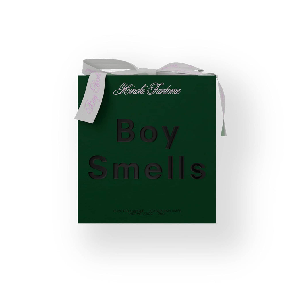 Boy Smells holiday Hinoki Fantome candle in dark green gift box with gray ribbon.